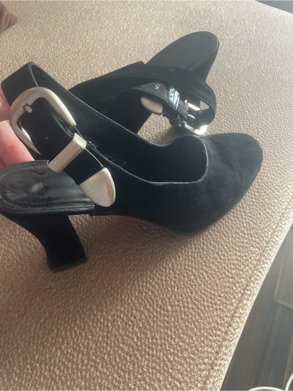 Stephane Kelian Black Suede Slingback Heels with Silver Buckle